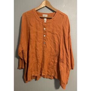 Mosaic Tunic Top Womens Medium Orange Linen Button Henley Pocket Lagenlook